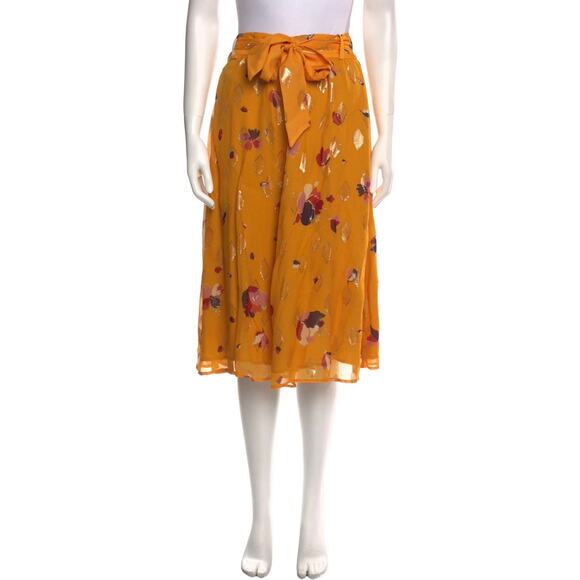 Sézane Silk Floral Wrap Skirt Yellow Gold Metallic Midi 44 US 12 Viscose Lining - Picture 3 of 14